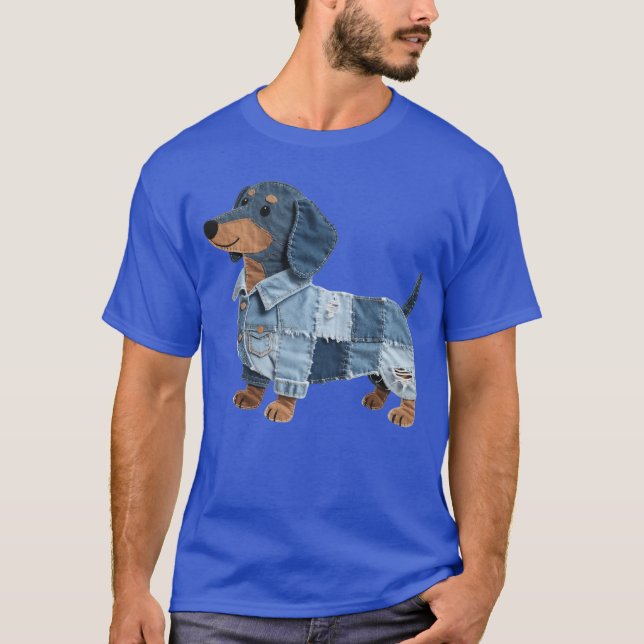 Dachshund Pattern Denim Patchwork Art Funny Dachsh T-Shirt (Front)