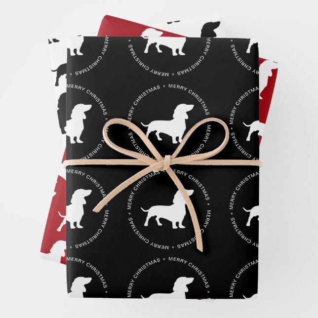 Dachshund Pattern Merry Christmas Wrapping Paper Sheet (In situ)
