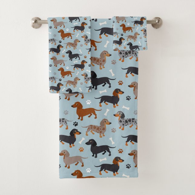 Dachshund Paws and Bones Pattern Blue Bath Towel Set (Insitu)