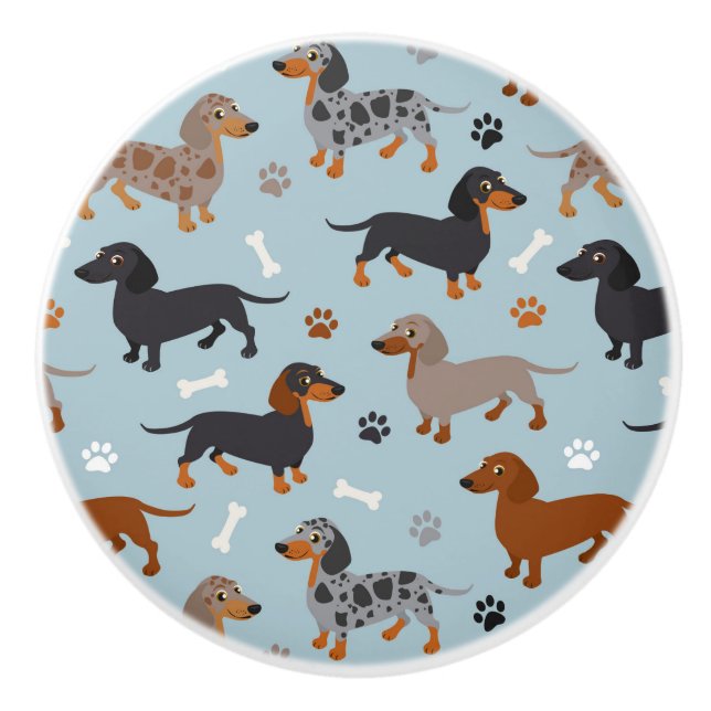 Dachshund Paws and Bones Pattern Blue Ceramic Knob (Front)