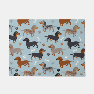 Dachshund Paws and Bones Pattern Blue Doormat