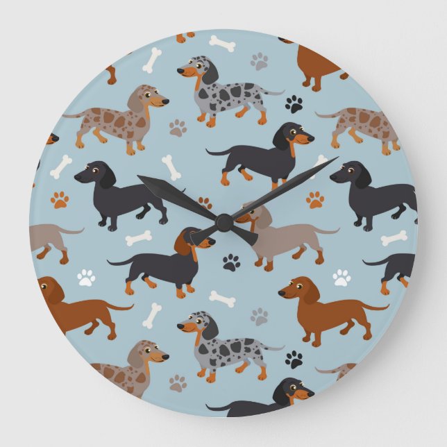 Dachshund Paws and Bones Pattern Blue Large Clock (Front)