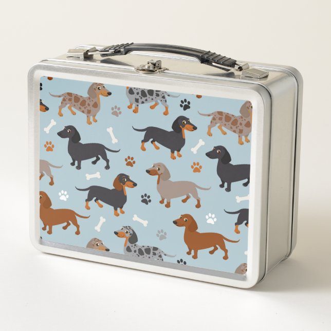 Dachshund Paws and Bones Pattern Blue Metal Lunch Box (Front)