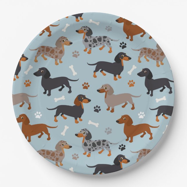 Dachshund Paws and Bones Pattern Blue Paper Plate (Front)
