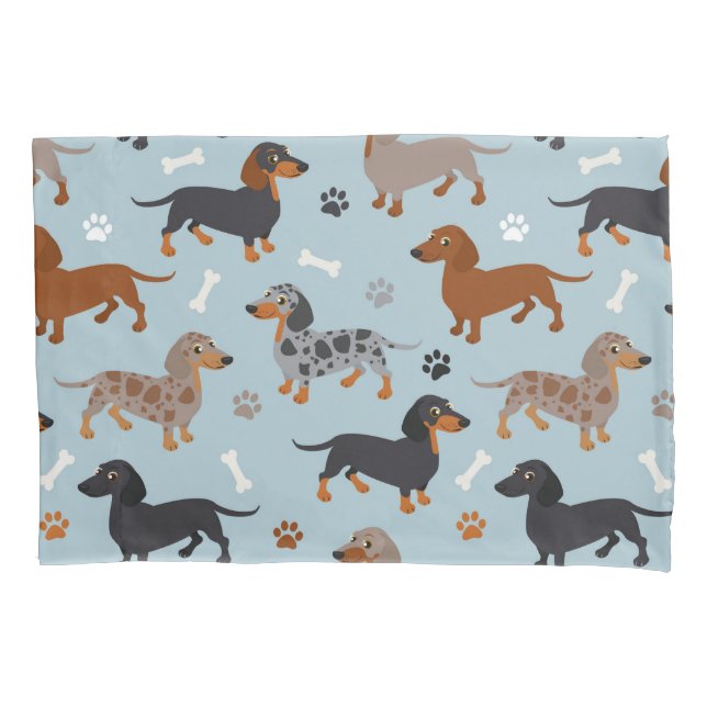 Dachshund Paws and Bones Pattern Blue Pillowcase (Front)