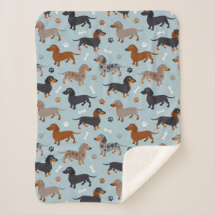 Dachshund Paws and Bones Pattern Blue Sherpa Blanket