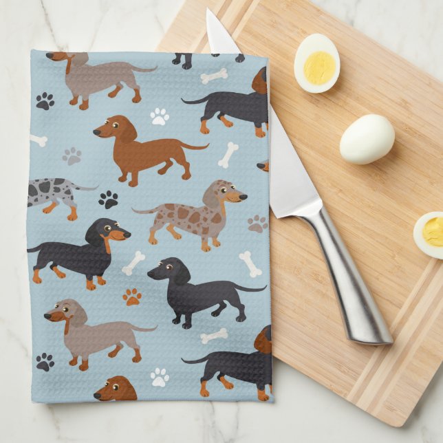 Dachshund Paws and Bones Pattern Blue Tea Towel (Quarter Fold)