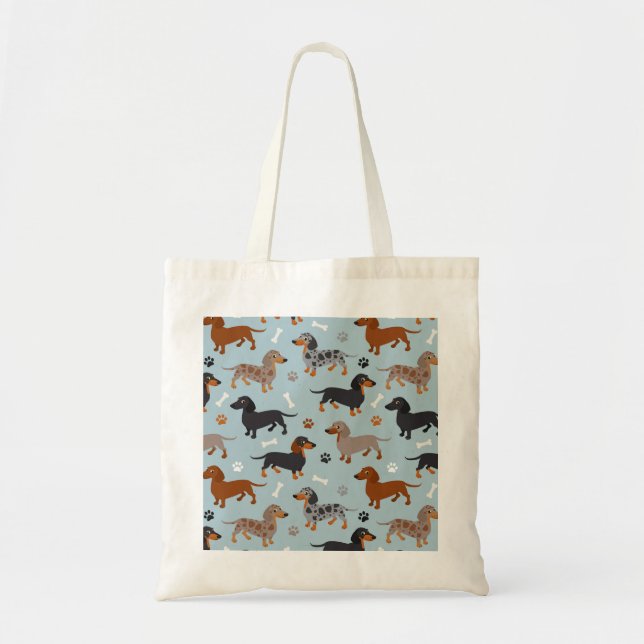 Dachshund Paws and Bones Pattern Blue Tote Bag (Front)