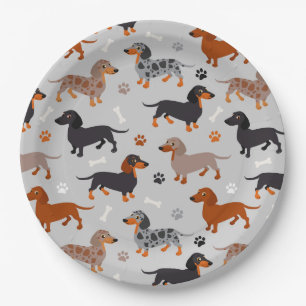 Dachshund Paws and Bones Pattern Gray Paper Plate