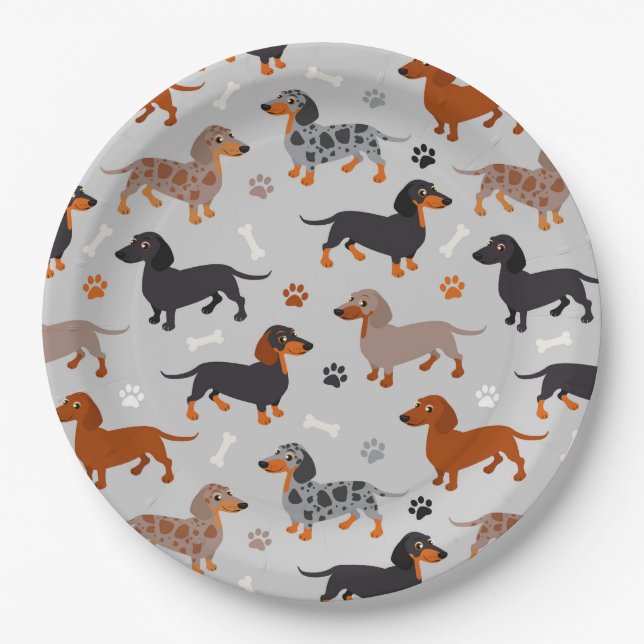 Dachshund Paws and Bones Pattern Gray Paper Plate (Front)