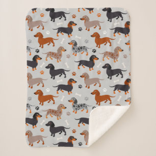 Dachshund Paws and Bones Pattern Gray Sherpa Blanket