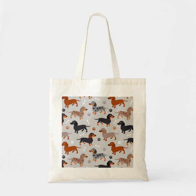 Dachshund Paws and Bones Pattern Grey Tote Bag (Front)