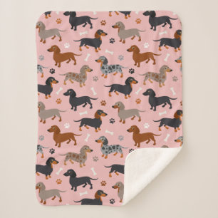 Dachshund Paws and Bones Pattern Pink Sherpa Blanket