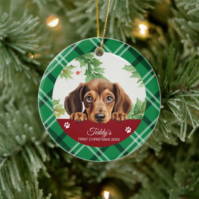 Dachshund Personalised First Christmas Ceramic Tree Decoration (Tree)