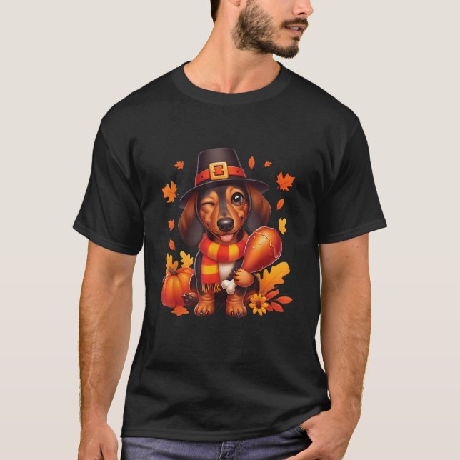 Dachshund Pilgrim Happy Thanksgiving Dog Men Women T-Shirt (Front)