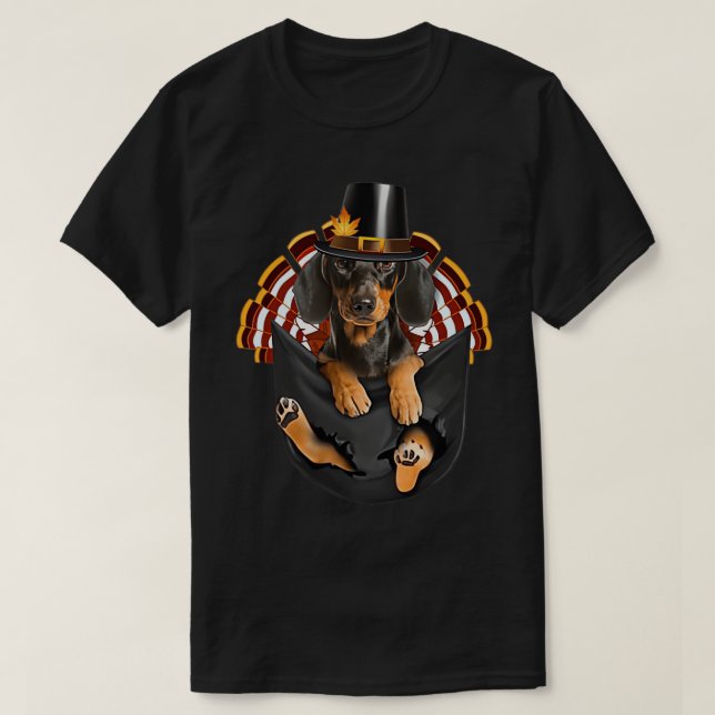 Dachshund Pilgrim Hat In Pocket Happy Thanksgving  T-Shirt (Design Front)