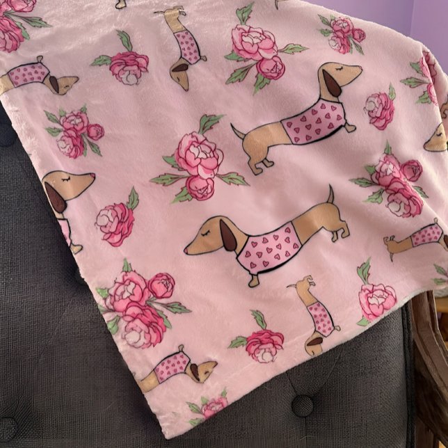 Dachshund Pink Floral Blanket Wiener Dog Love  (Floral dachshund blanket - pink peonies and wiener dogs wearing a heart sweater)