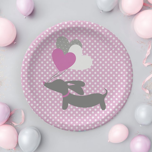 Dachshund Pink Girl Baby Shower Paper Plates (Pink dachshund baby shower paper plates - pink wiener dog party)
