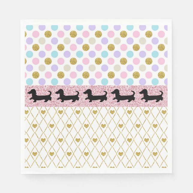 Dachshund Pink Gold Glitter Hearts Paper Napkins (Front)