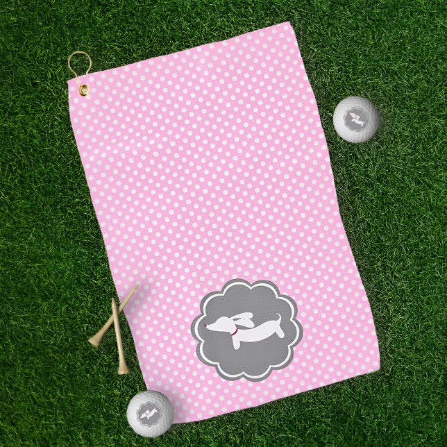 Dachshund Pink Polka Dot Golf Towel for Doxie Moms (Pink polka dot dachshund golf towel - for doxie moms who love to add a splash of doxie style.)