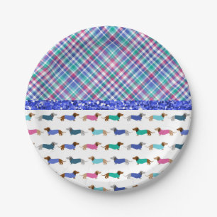 Dachshund Plaid Blue Green Paper Plates