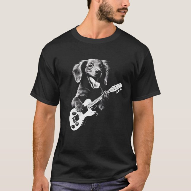 Dachshund Playing Guitar Funny Guitar Dog T Shirt (Front)