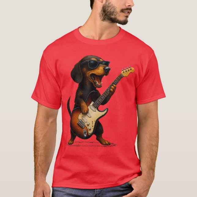 Dachshund Playing Guitar Rock Music Dog Lover Pet  T-Shirt (Front)