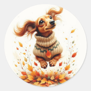 Dachshund playing in the fall leaves classic round sticker