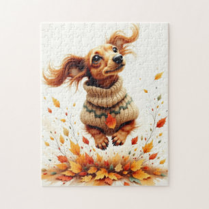 Dachshund playing in the fall leaves jigsaw puzzle
