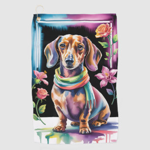 Dachshund Portrait in Neon Light and Floral Frame Golf Towel