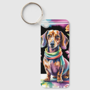Dachshund Portrait in Neon Light and Floral Frame Key Ring
