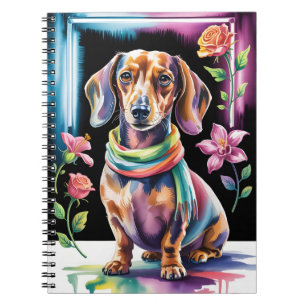 Dachshund Portrait in Neon Light and Floral Frame Notebook