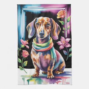 Dachshund Portrait in Neon Light and Floral Frame Tea Towel