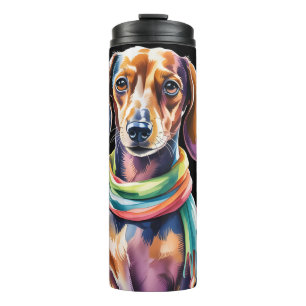 Dachshund Portrait in Neon Light and Floral Frame Thermal Tumbler