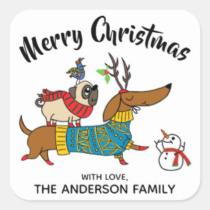 Dachshund, Pug & Bird Christmas Label