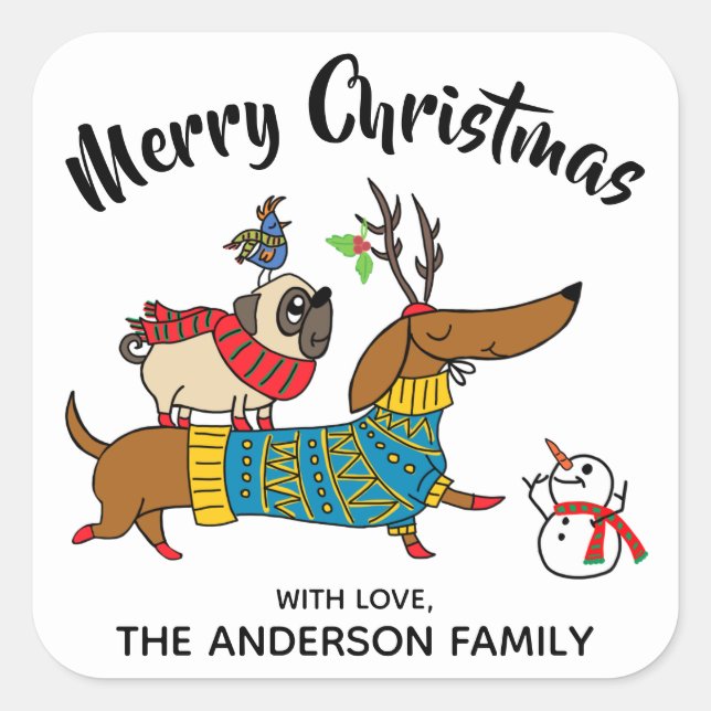 Dachshund, Pug & Bird Christmas Label (Front)