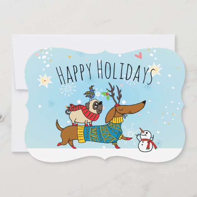 Dachshund, Pug & Bird Flat Holiday Card (Front)