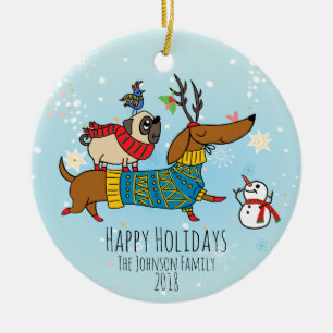 Dachshund, Pug & Bird Holiday Ceramic Ornament
