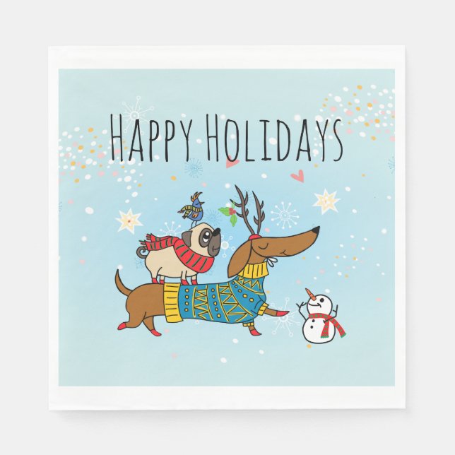 Dachshund, Pug & Bird Holiday Paper Napkin (Front)