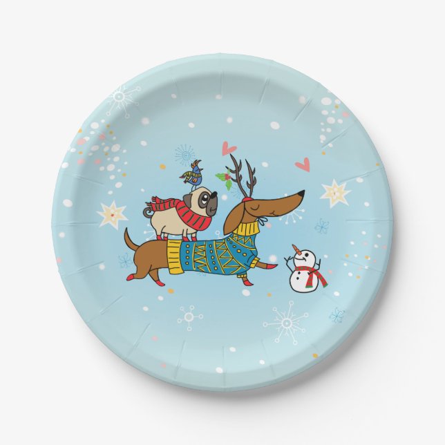 Dachshund, Pug & Bird Holiday Paper Plate (Front)