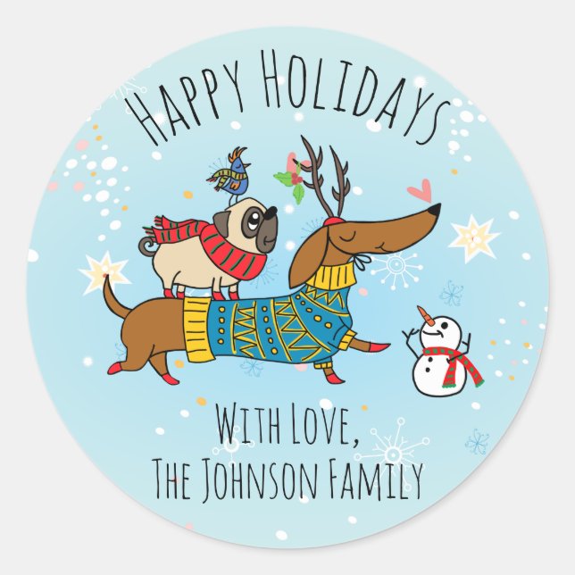 Dachshund, Pug & Bird Holiday Sticker (Front)