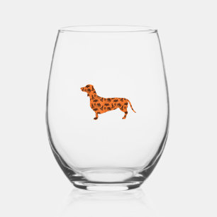 Dachshund Pumpkin Witch Bat Funny Spooky Halloween Stemless Wine Glass