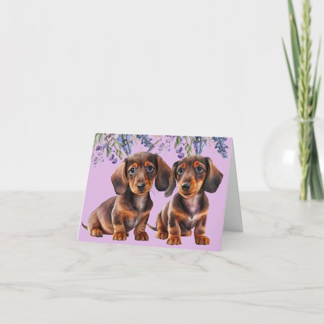 Dachshund Puppies Floral Blank Greeting Card (Front)