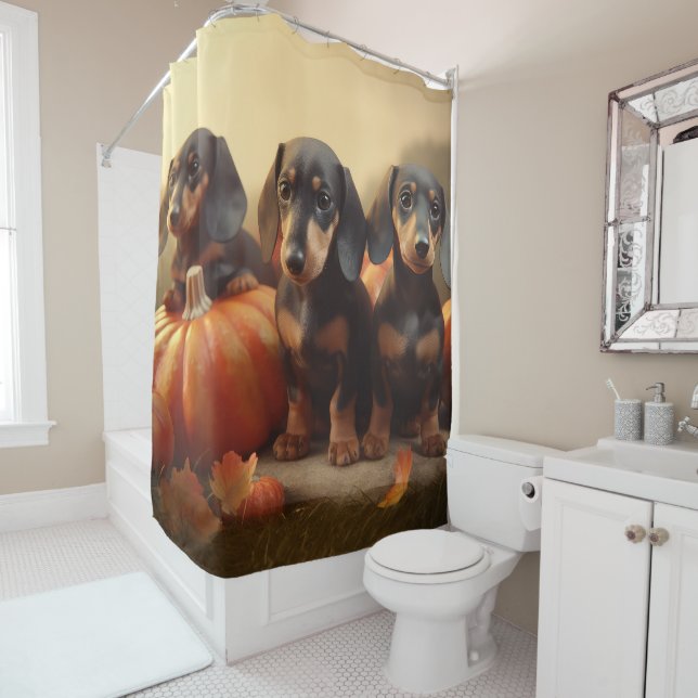 Dachshund Puppy Autumn Delight Pumpkin Shower Curtain (In Situ)