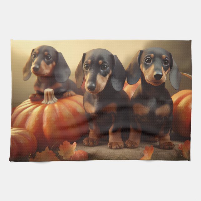 Dachshund Puppy Autumn Delight Pumpkin Tea Towel (Horizontal)