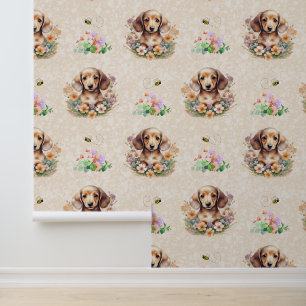 Dachshund Puppy Dog Bee Floral on Cream Wallpaper