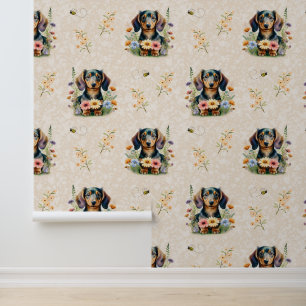 Dachshund Puppy Dog Black Tan Wild Flowers Cream Wallpaper