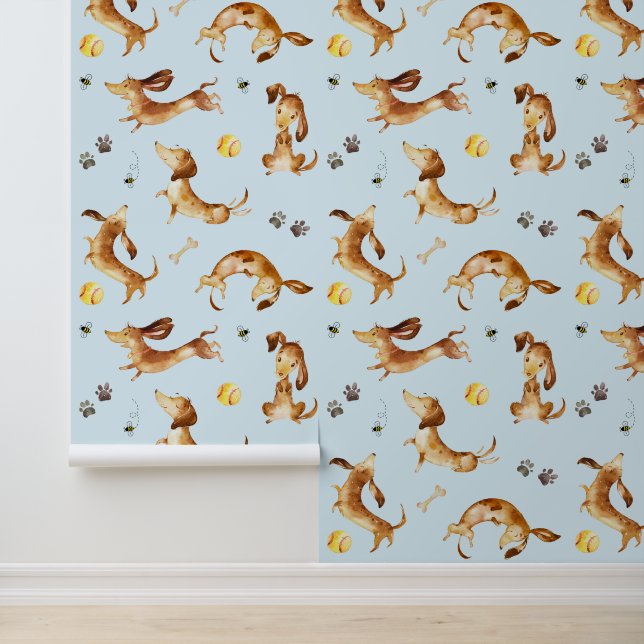 Dachshund Puppy Dog Paw Prints Bumble Bee Blue  Wallpaper (Application)