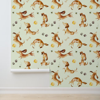 Dachshund Puppy Dog Paw Prints Bumble Bee Green Wallpaper