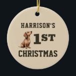 Dachshund Puppy Heart melting First Christmas Ceramic Tree Decoration<br><div class="desc">A adorable watercolor dachshund puppy and snowman makes these custom first Christmas ornaments a heart warming keepsake gift. Easily customise to make a special gift this Christmas.</div>